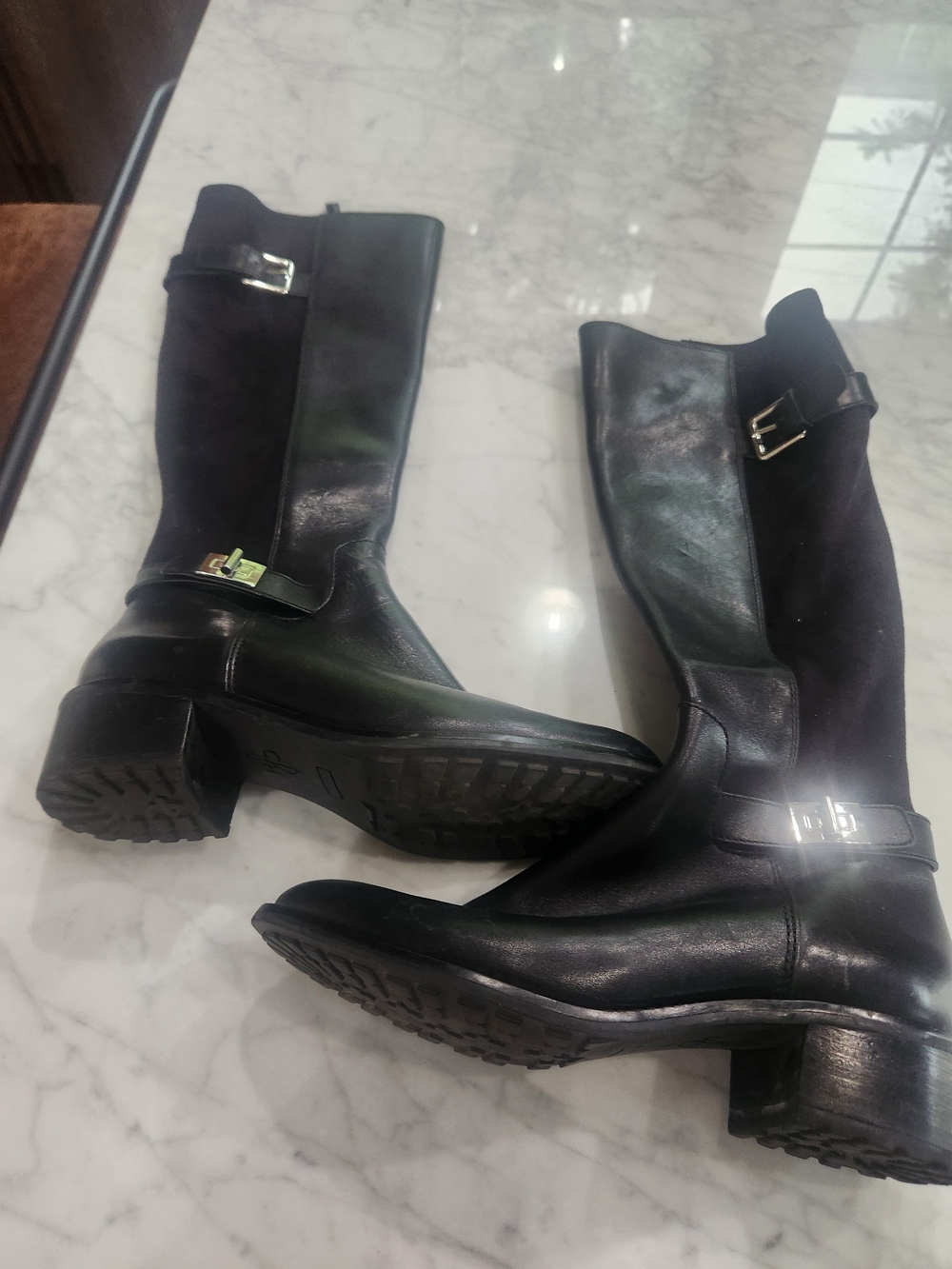 Cole Haan Black Leather and Suede Knee-High Buckle Heeled Boots, LIKE NEW